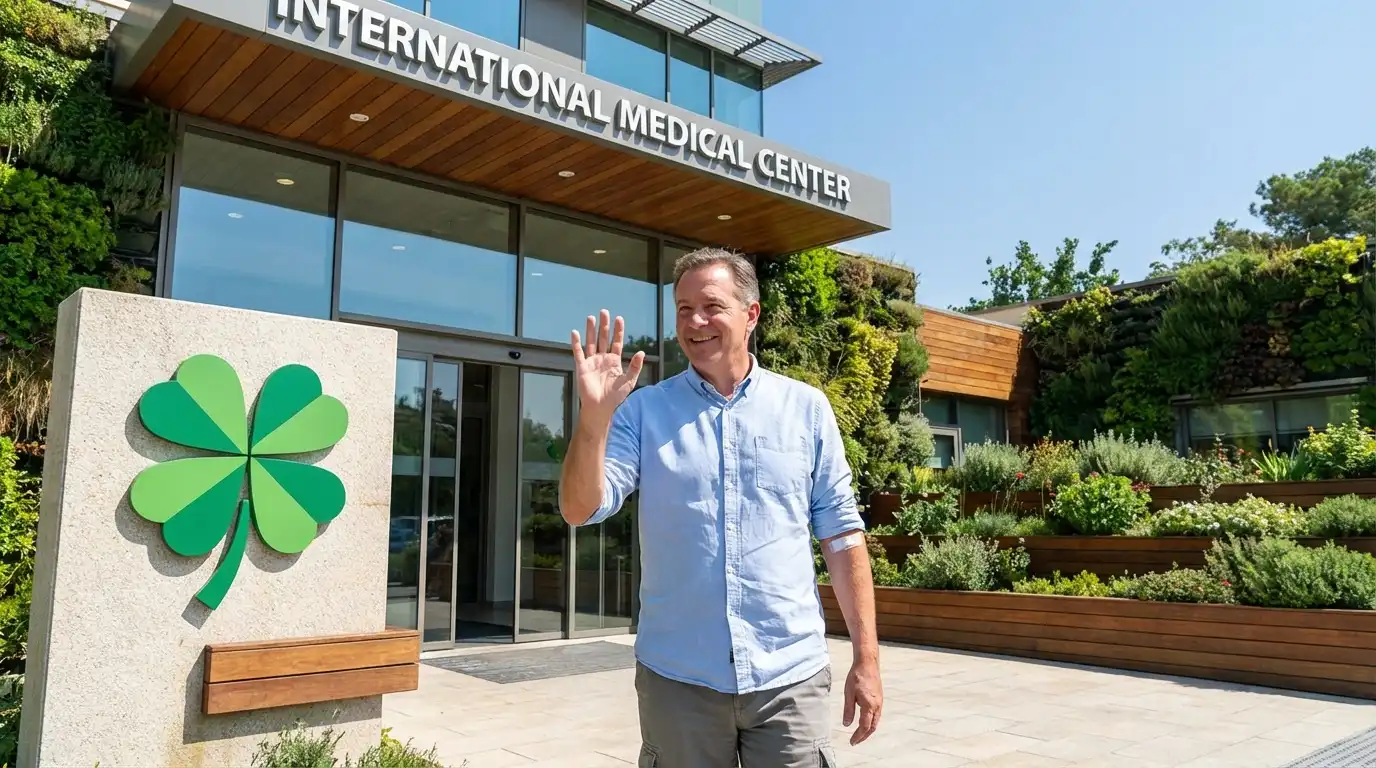 Happy and healthy patient waving warmly while walking out of a modern international hospital, with green landscaping and a four-leaf clover sign