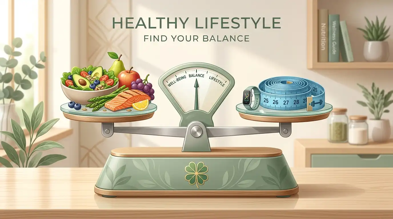Balance scale showing healthy food choices and measuring tape in a green themed setting with four-leaf clover motif