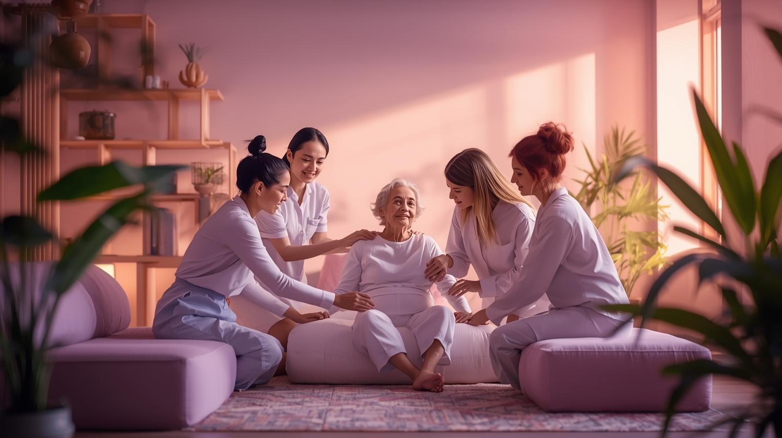 Holistic cancer care support with patient surrounded by caring medical team in peaceful environment
