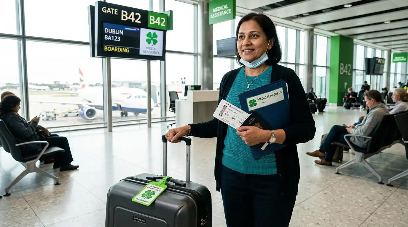 International female patient at airport departure gate B42 holding boarding pass and medical records folder with four-leaf clover label, luggage with green clover tag, green Medical Assistance signage visible in modern airport terminal