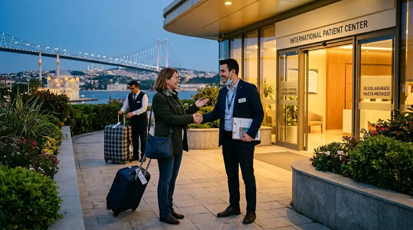 Female international patient welcomed by male coordinator at Medicana International Patient Center in Istanbul, Bosphorus Bridge illuminated at night in the background with green landscaping