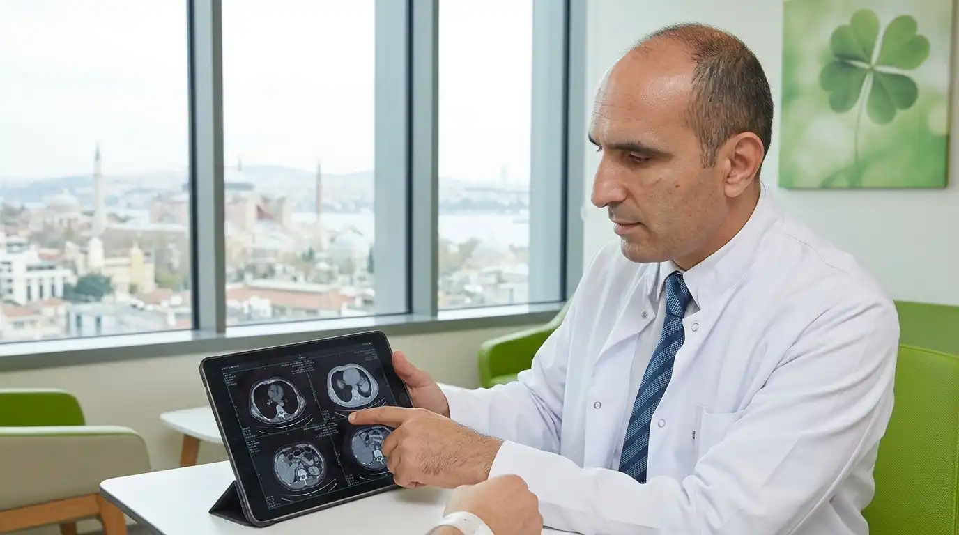 Istanbul doctor in white coat reviewing CT scan images on a tablet in a green-themed clinic room with four-leaf clover wall art and Istanbul skyline visible through the window