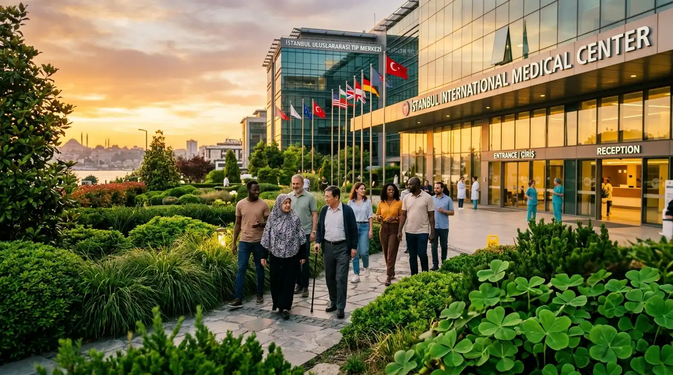 Istanbul International Medical Center at golden hour with diverse international patients walking through lush green garden with four-leaf clover plants, international flags displayed at entrance