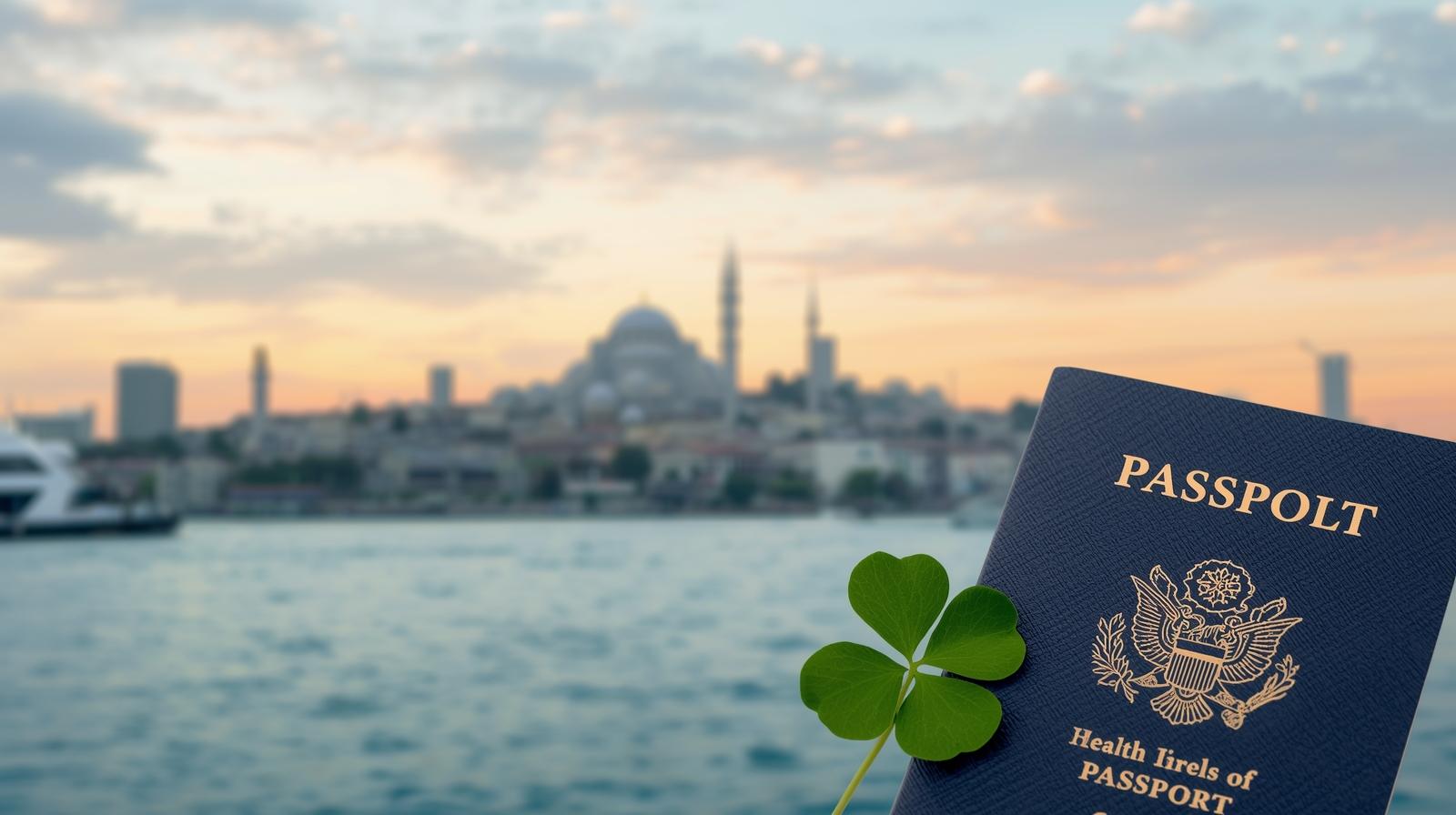 US passport with four-leaf clover and Istanbul skyline with mosques representing international health tourism in Turkey