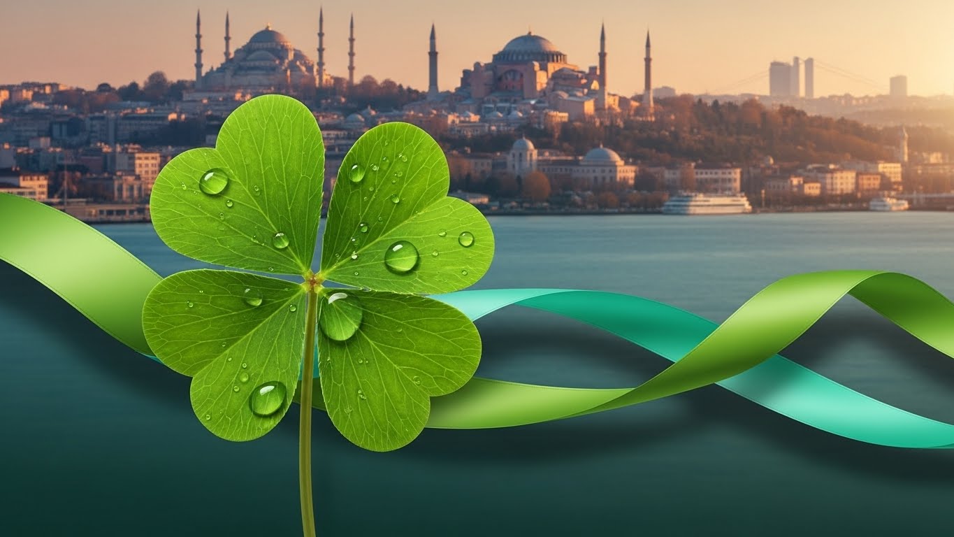 Istanbul skyline with mosques and Bosphorus view featuring large four-leaf clover and flowing green ribbons representing premium healthcare destination in Turkey