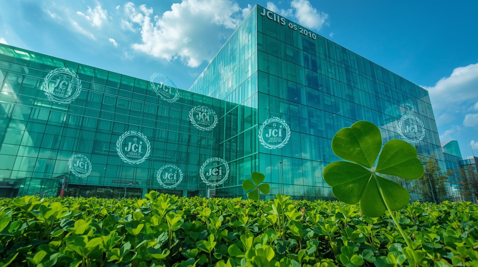 Modern JCI accredited hospital building with green glass facade and four-leaf clover garden representing international healthcare standards