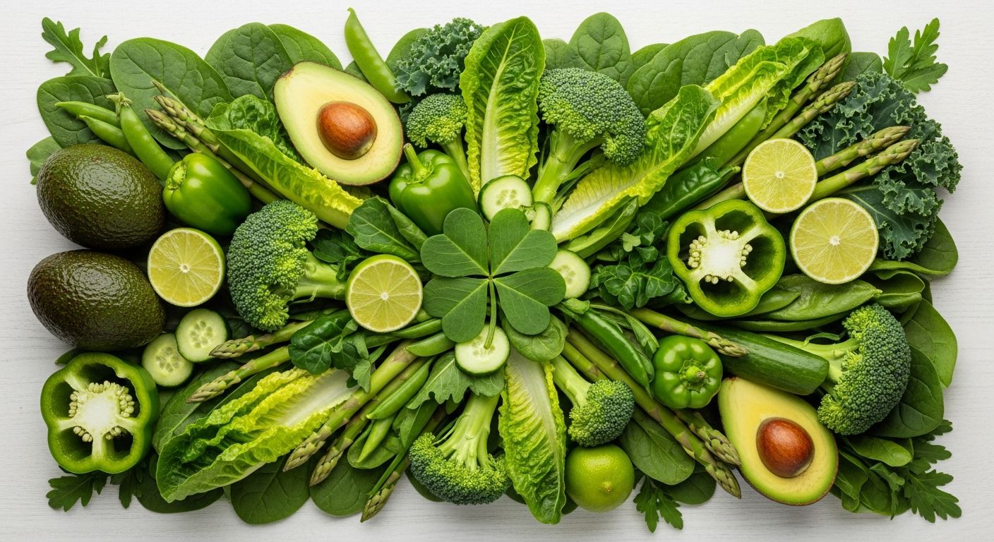 Fresh green vegetables and lung-supportive healthy foods arranged beautifully with nutritious ingredients