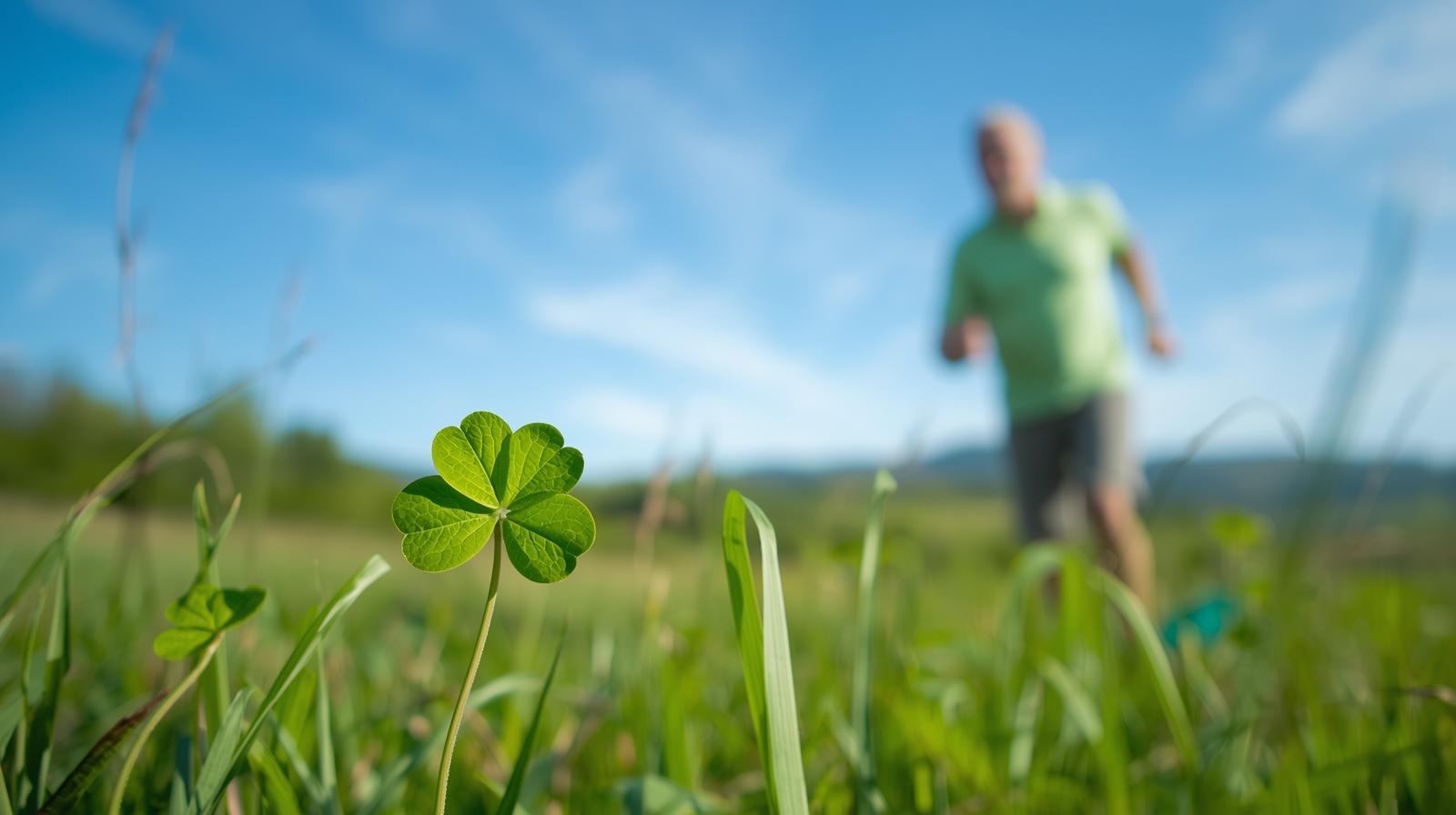 Man jogging outdoors in nature with four-leaf clover in foreground representing healthy active lifestyle