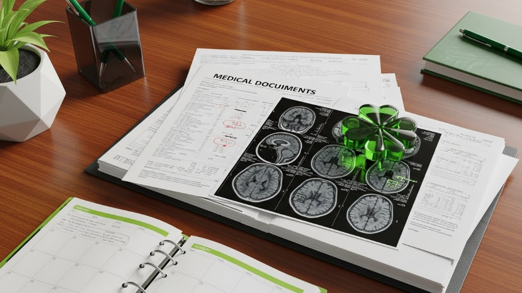Organized medical documents folder on desk with MRI brain scans blood test results and medical reports with green four-leaf clover paperweight professional healthcare documentation