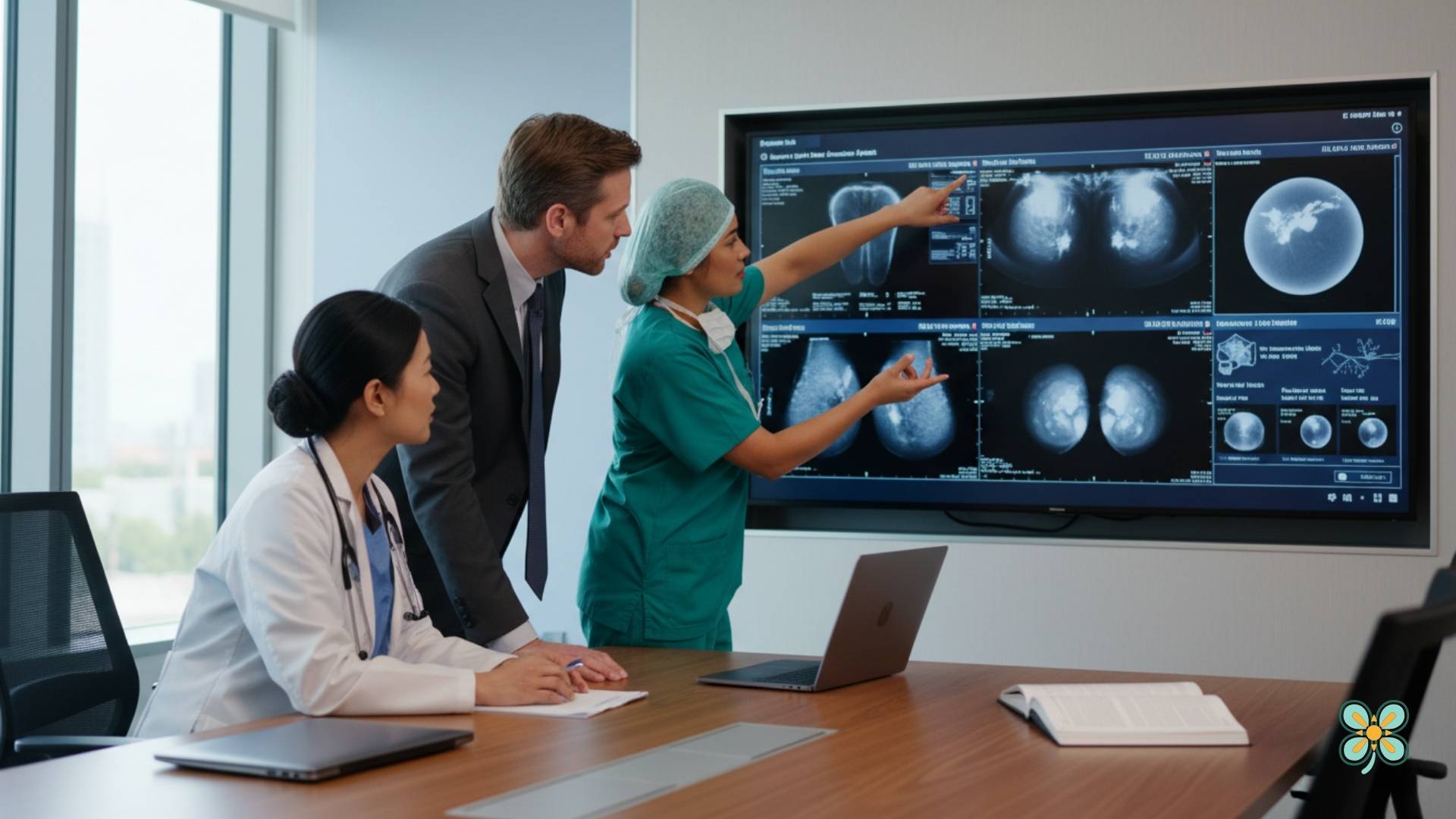 A multidisciplinary medical team discussing patient results, representing modern cancer screening