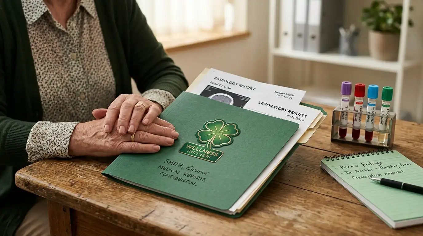 A patient&rsquo;s hands resting on a green Wellness Partners medical folder with radiology reports and blood tests near a green notebook and pen
