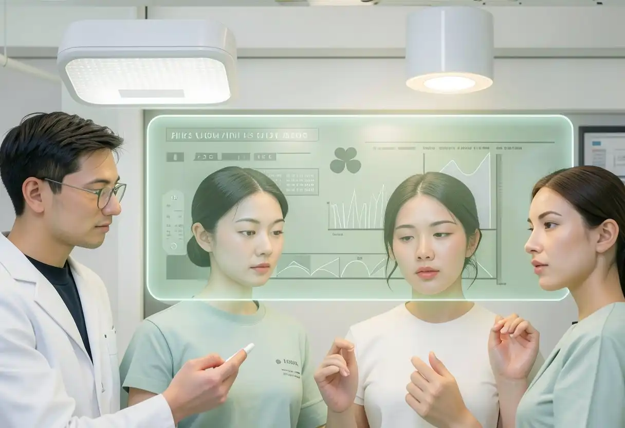 Medical team reviewing obesity treatment parameters on a glowing green screen with a subtle four-leaf clover icon