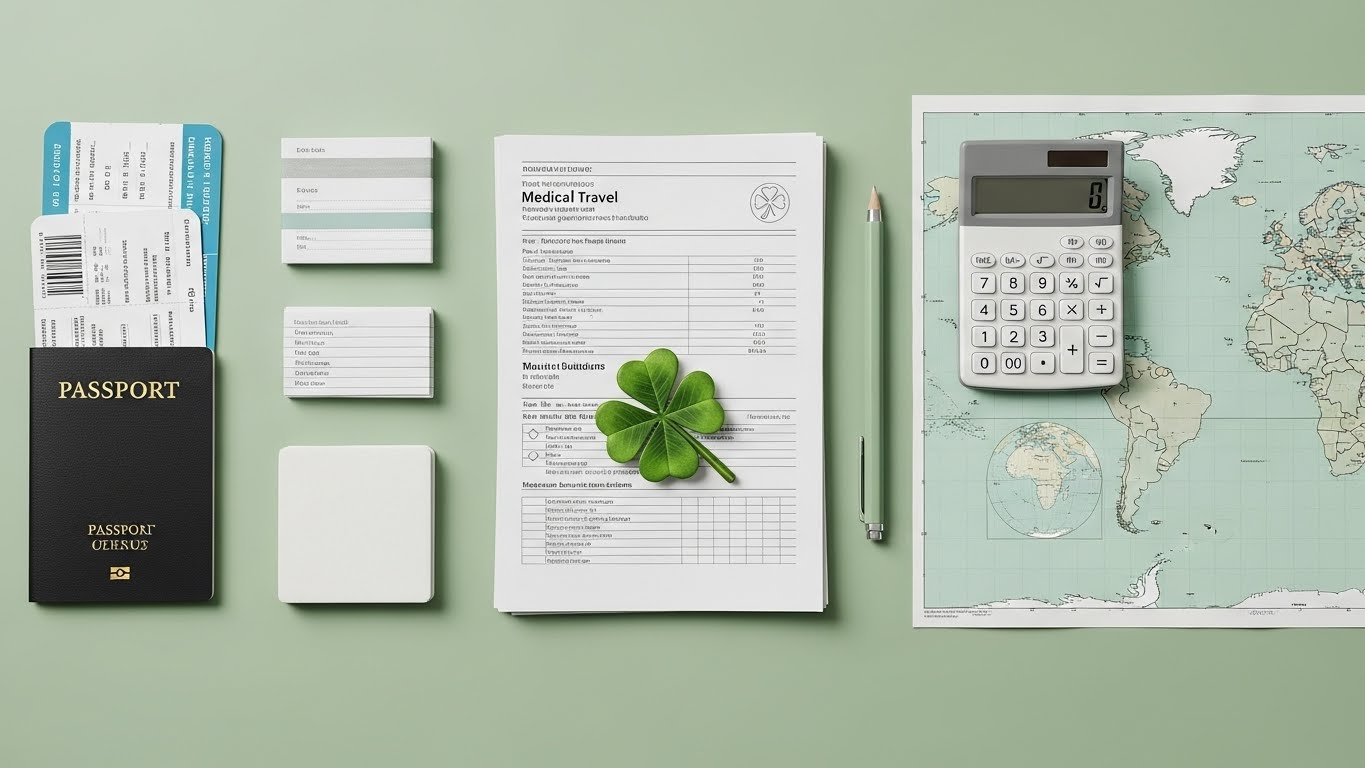 Flat lay of medical travel planning items including passport, plane tickets, medical documents, calculator and world map with four-leaf clover