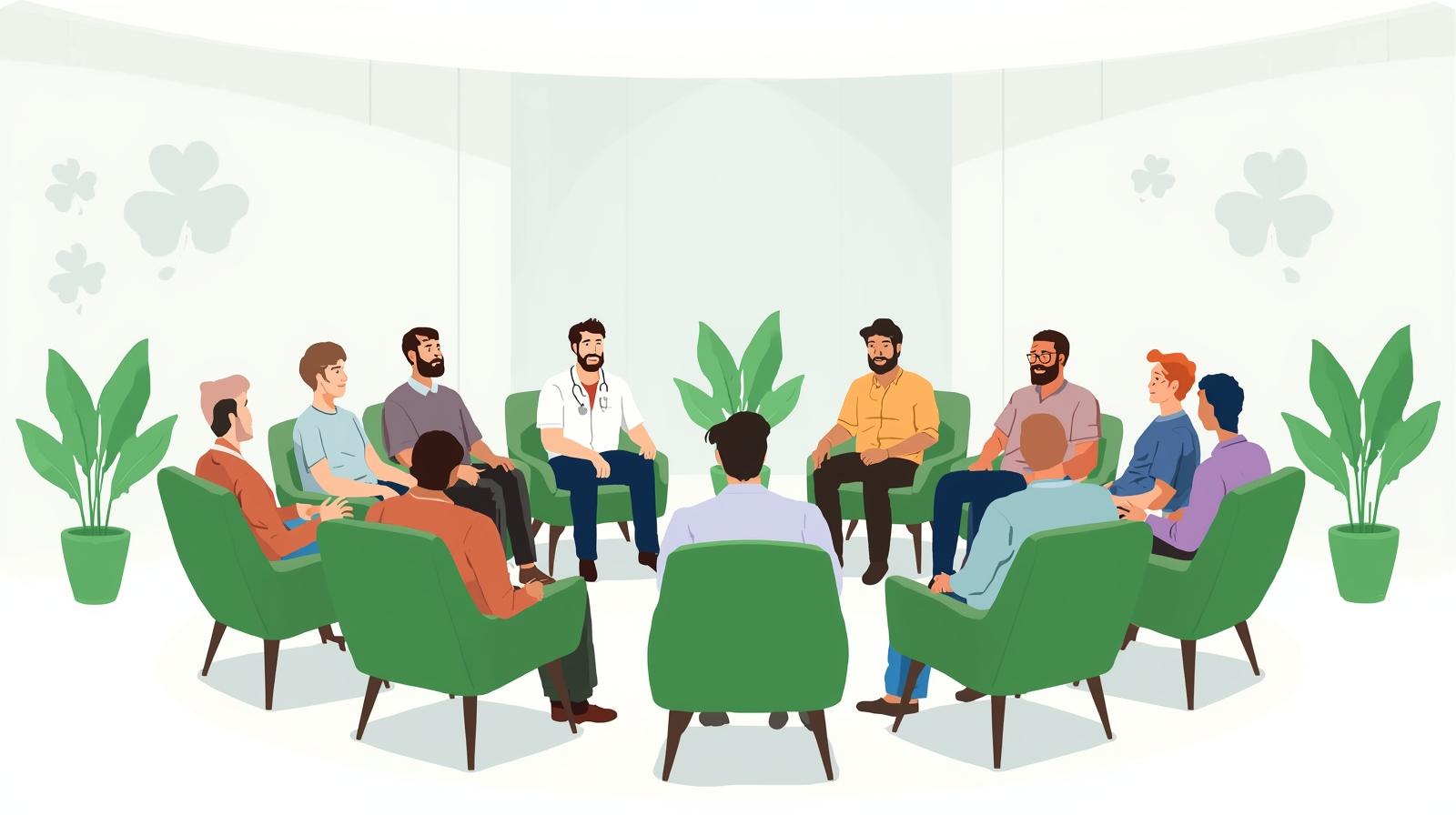 Diverse group of men in prostate cancer support circle with healthcare professional in modern room featuring green armchairs and soft clover decorations