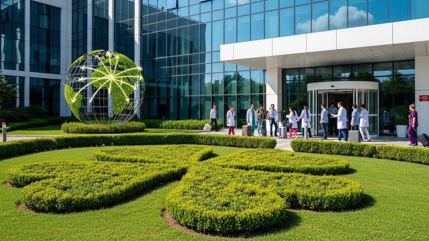 Modern hospital building in Turkey with international globe sculpture and four-leaf clover garden in foreground welcoming international patients for preventive healthcare