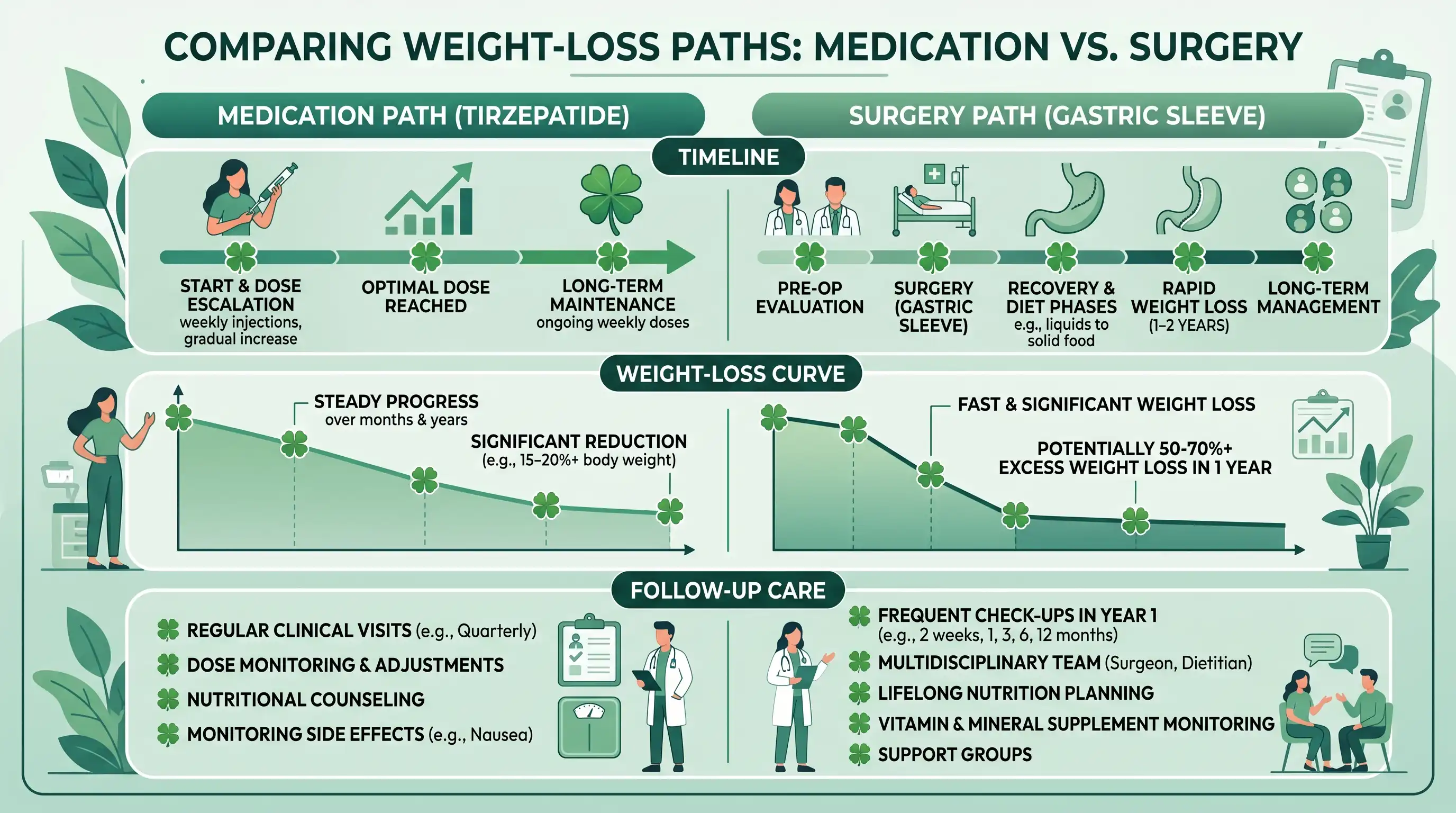Infographic comparing weight-loss paths of tirzepatide medication and gastric sleeve surgery, showing timeline, weight-loss curve and follow-up care with green four-leaf clover icons