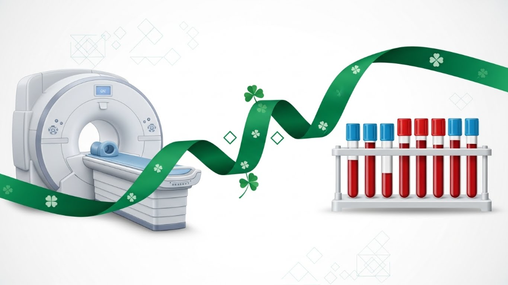 Medical infographic showing MRI scanner connected to blood test tubes with flowing green ribbon and four-leaf clover accents illustrating complementary diagnostic approaches