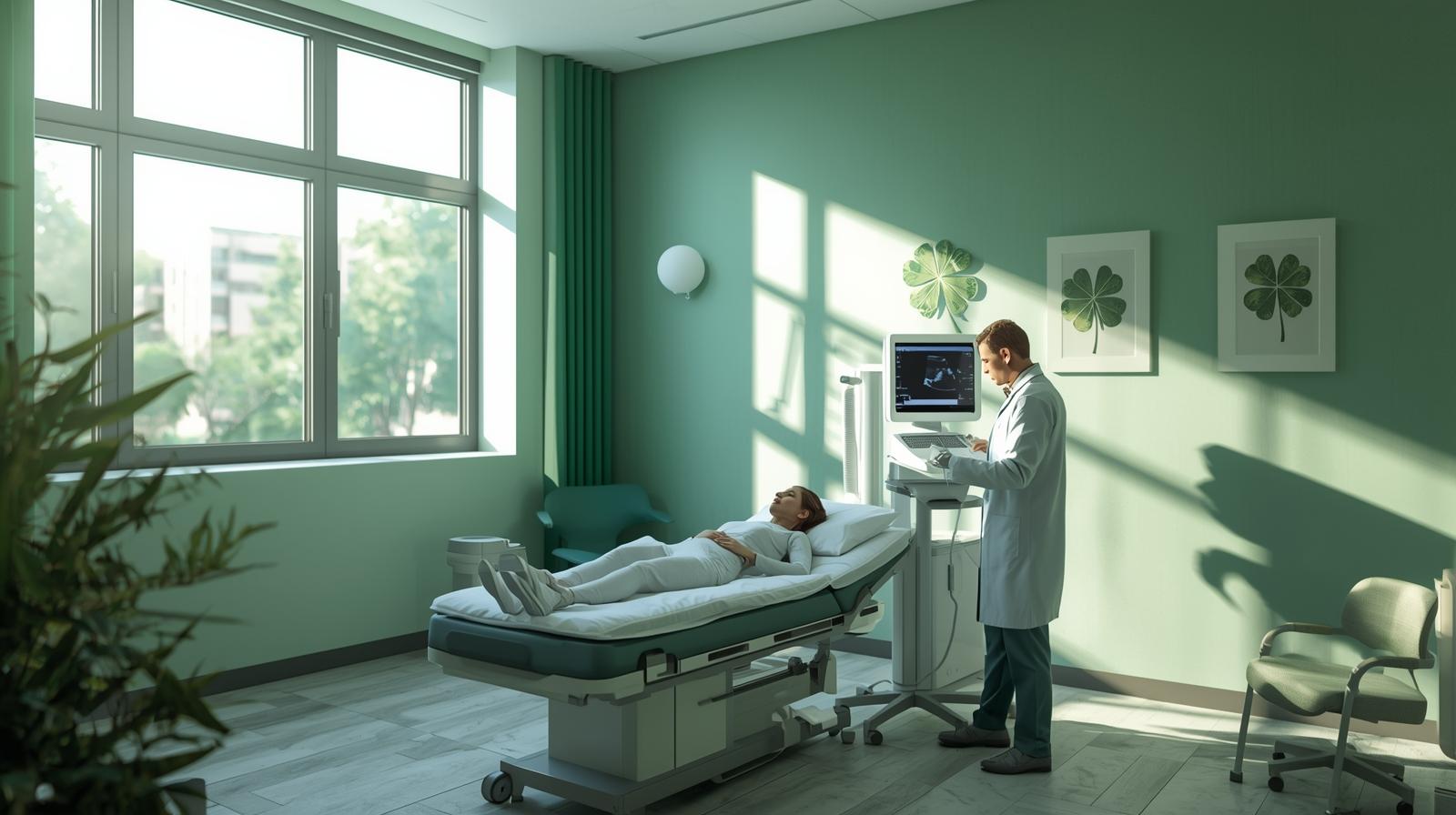 Patient undergoing MRI CT scan in modern radiology department with radiologist monitoring detailed body scan results on multiple screens, green ambient lighting and four-leaf clover symbols on equipment