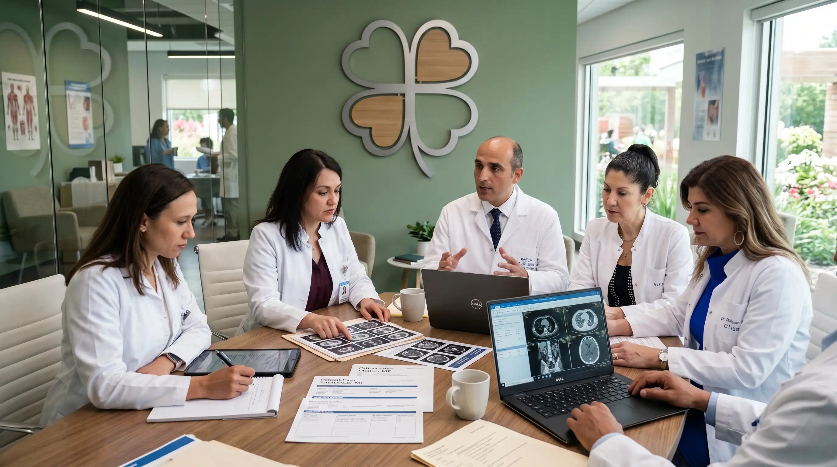 Multidisciplinary team of gastroenterologists and colorectal surgeons reviewing patient scans together in a green clinic office with a large four-leaf clover wall decoration