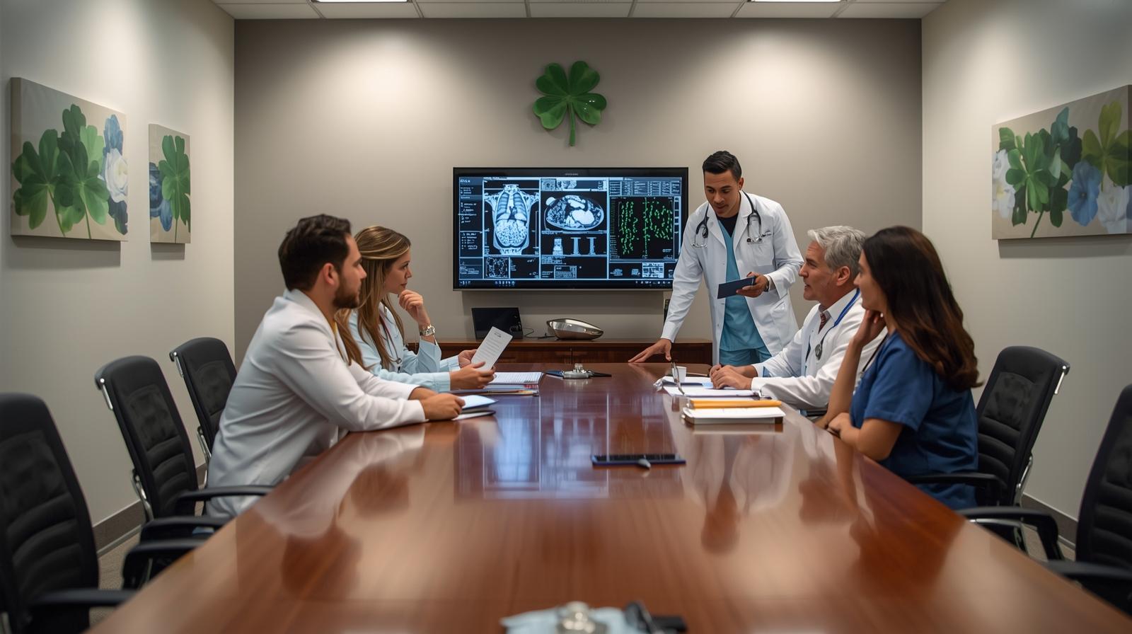 Multidisciplinary medical team of diverse specialists reviewing patient case around conference table with medical imaging scans displayed on screen, green four-leaf clover wall decoration, professional collaborative healthcare environment