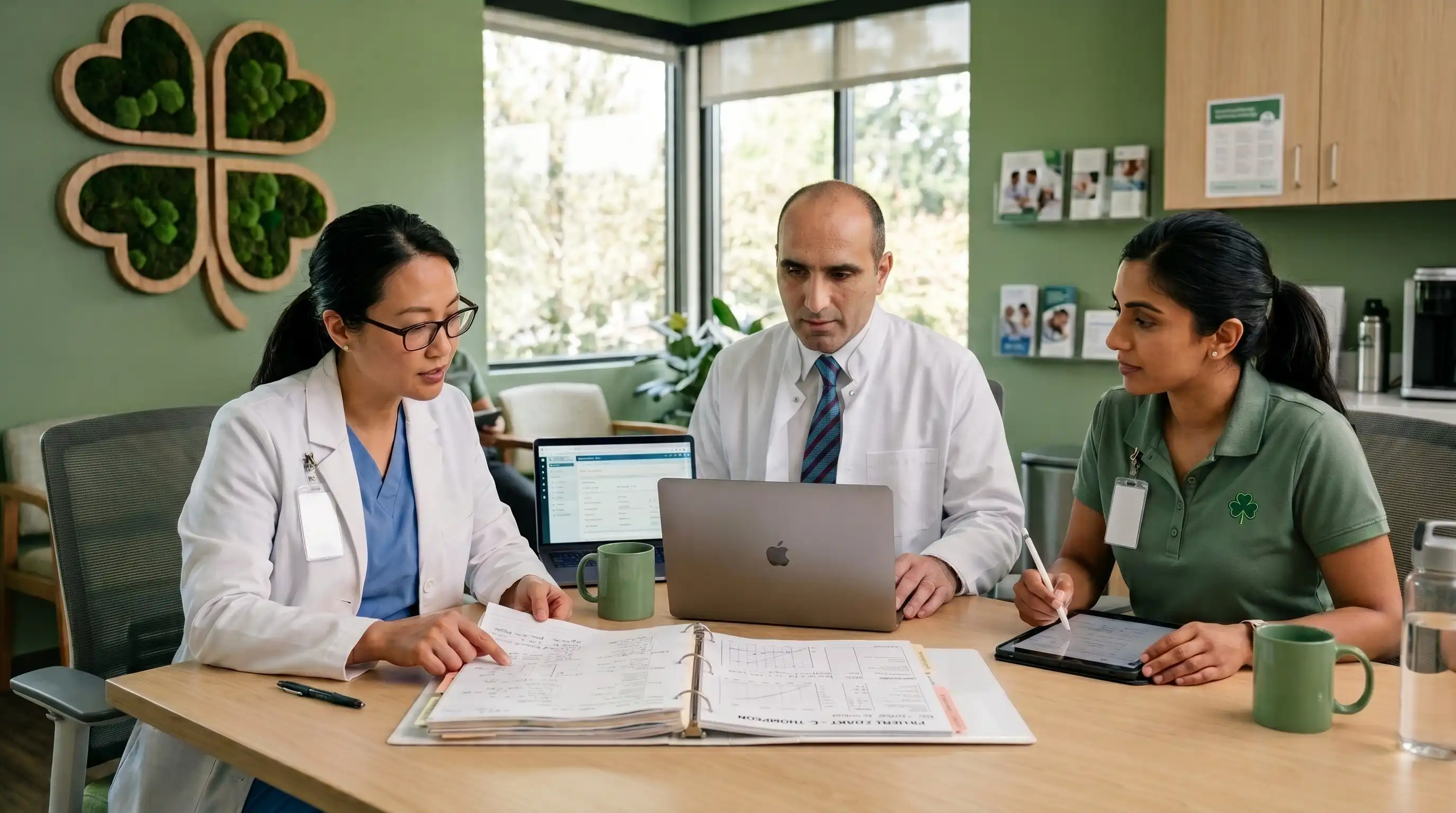 Multidisciplinary medical team reviewing a patient’s treatment plan together in a green clinic office with a large wooden four-leaf clover wall decoration