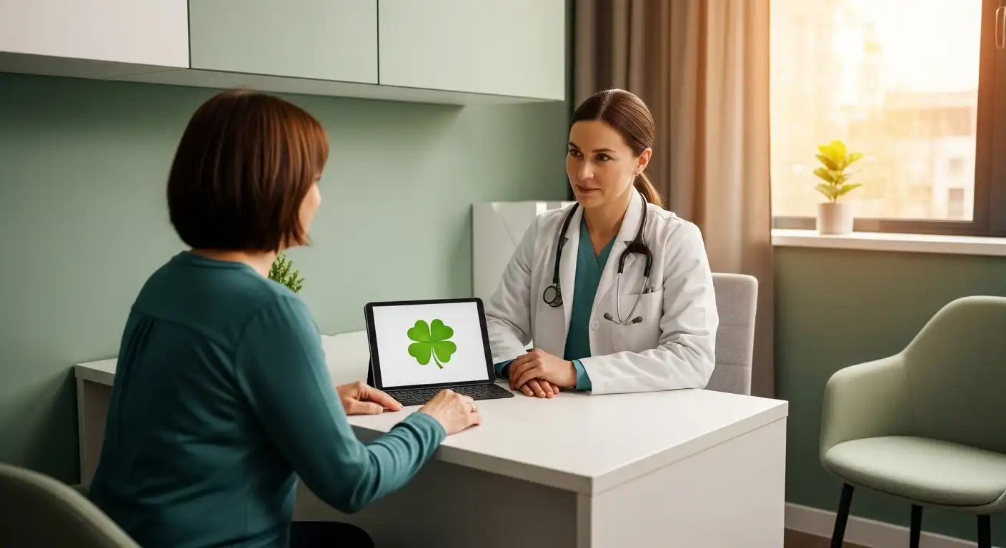 A female medical professional in a white coat consulting with a patient in a modern office with sage green accents. She is using a digital tablet displaying a bright green four-leaf clover, representing a personalized and compassionate approach to holistic cancer care.