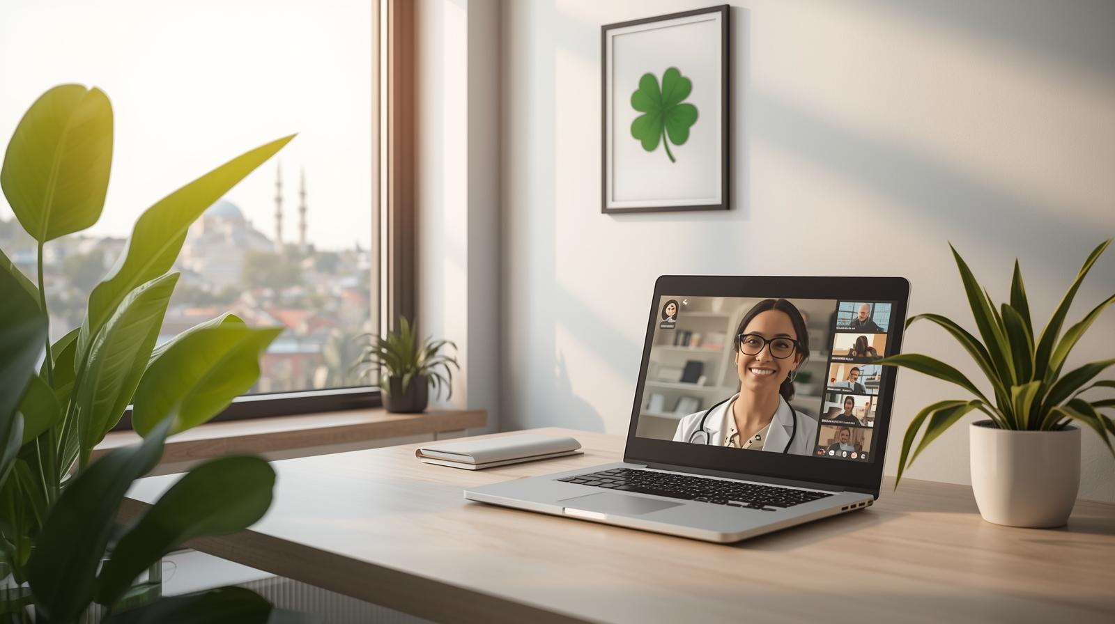Online medical consultation on laptop screen with Istanbul city view through window and four-leaf clover artwork representing remote patient support