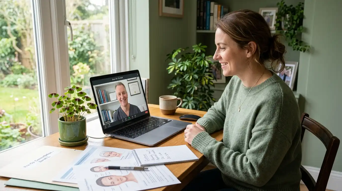 Woman smiling during online video call consultation with plastic surgeon on laptop, pre-op consultation documents and face photos spread on desk, four-leaf clover plant beside laptop in green-toned home office with garden view