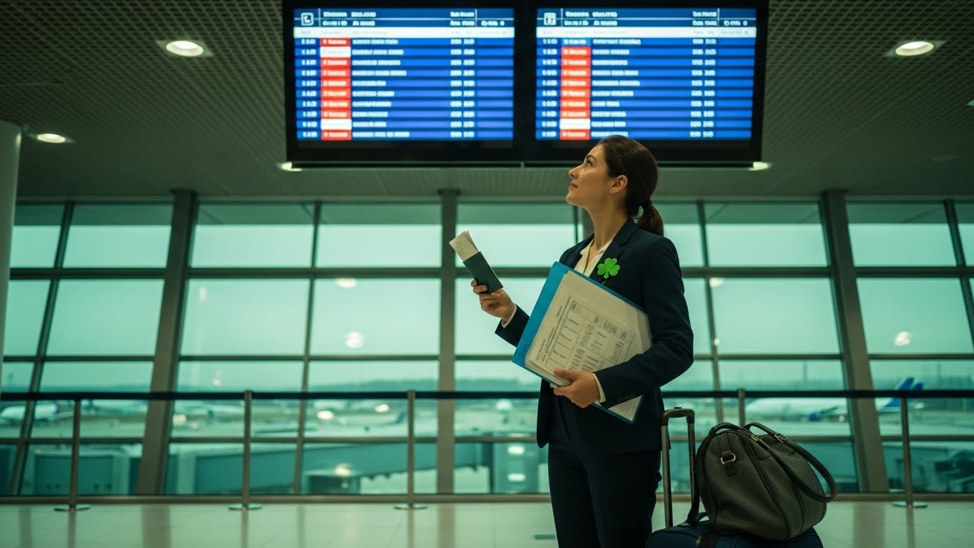 Female international patient at airport departure terminal checking flight information with medical documents and four-leaf clover pin