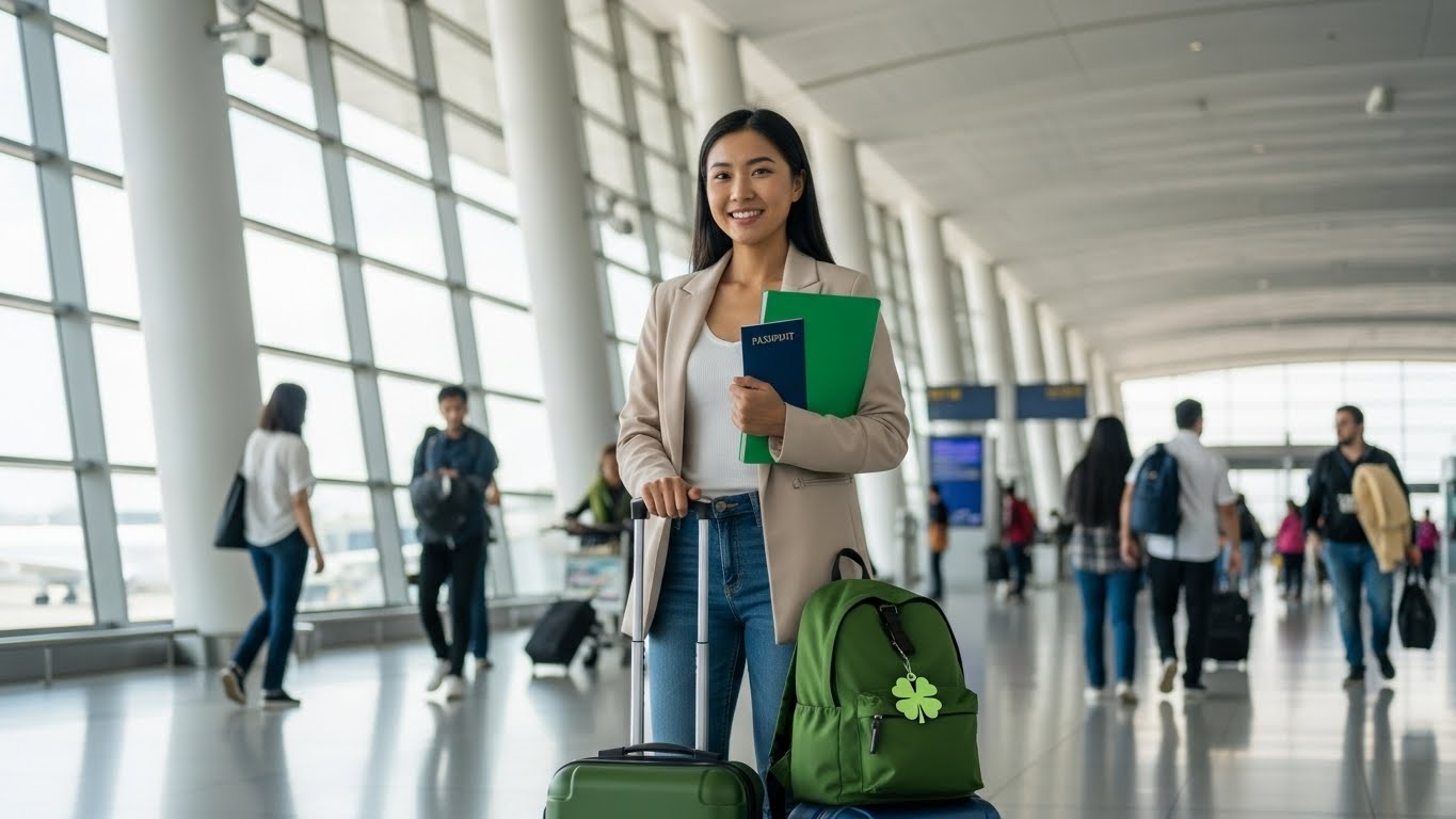 Smiling woman at airport terminal holding passport and medical folder with green travel bag and four-leaf clover luggage tag ready for medical treatment abroad