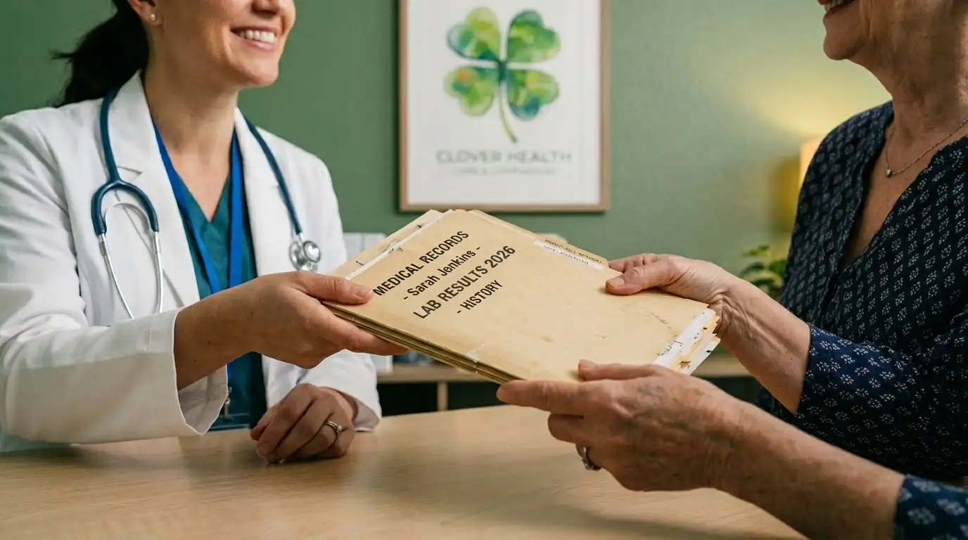 Doctor and patient exchanging a folder of previous medical records and lab results across a desk, green clinic interior with a four-leaf clover framed picture reading Clover Health