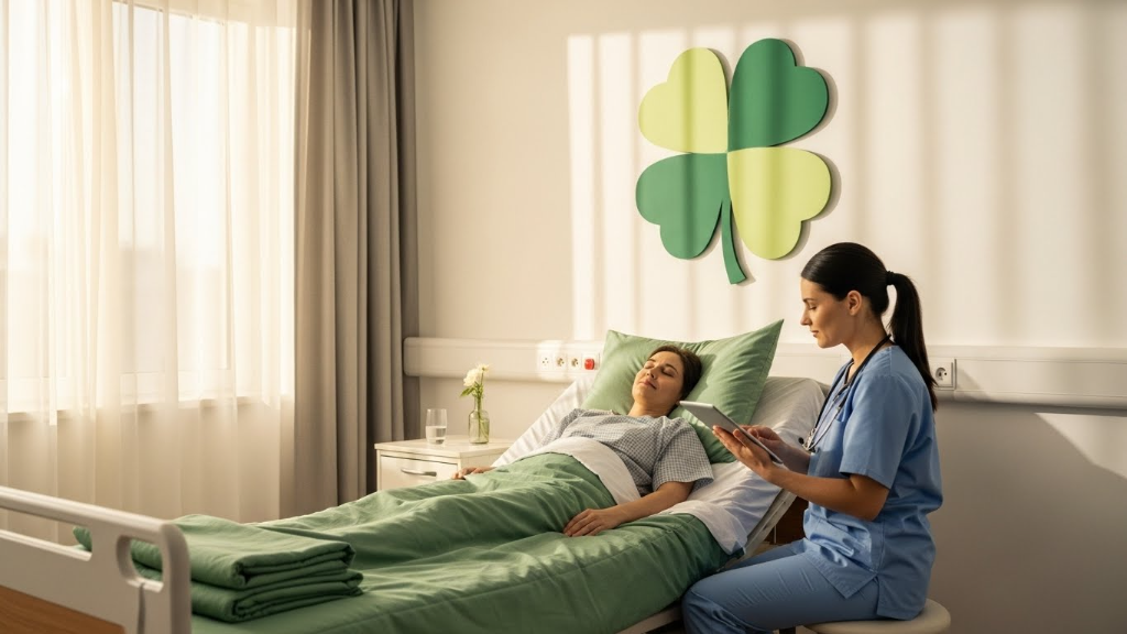 Patient resting comfortably in modern hospital recovery room with green bedding while nurse checks vital signs on tablet with four-leaf clover wall decoration