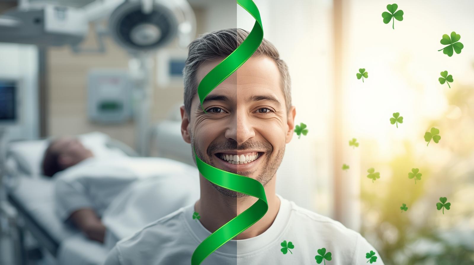 Split image showing patient during treatment and same patient recovered healthy with green ribbon and four-leaf clover symbols representing successful monitoring