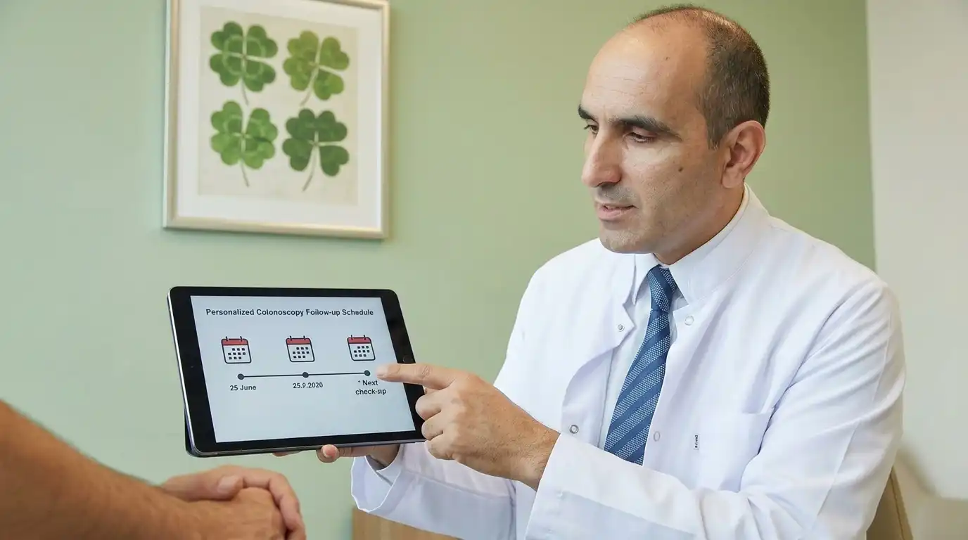 Close-up of a doctor showing a personalized colonoscopy follow-up schedule with check-up dates on a tablet, green consultation room with a four-leaf clover framed picture