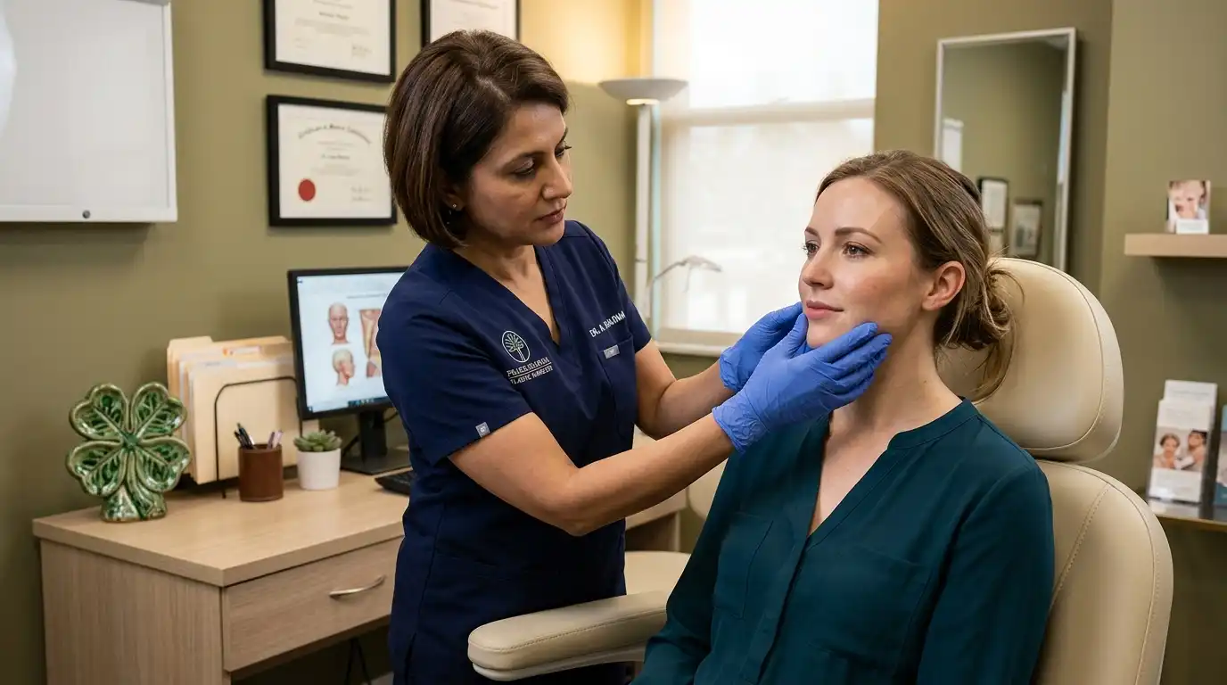 Female plastic surgeon in navy scrubs gently examining a young woman&rsquo;s jaw and face in a consultation room with green clover decoration and medical diplomas on the wall