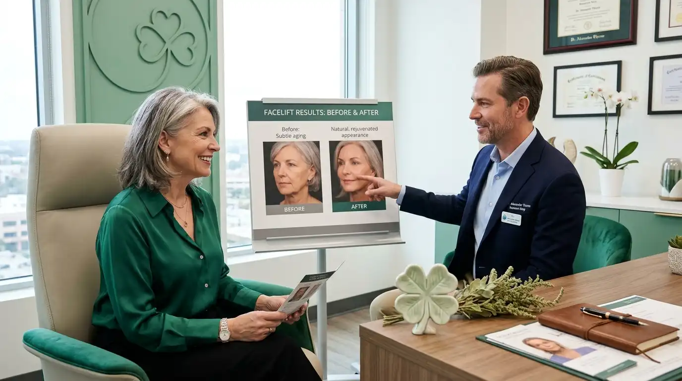Plastic surgeon in white coat pointing to a framed facelift before-and-after results chart on the wall while consulting with a smiling patient, gold four-leaf clover ornament on the desk and green velvet sofa in background