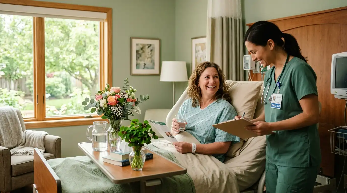 Smiling female patient resting in comfortable hospital recovery room being reviewed by nurse in green scrubs holding clipboard, bedside table with four-leaf clover in floral arrangement and water, warm natural light from garden window