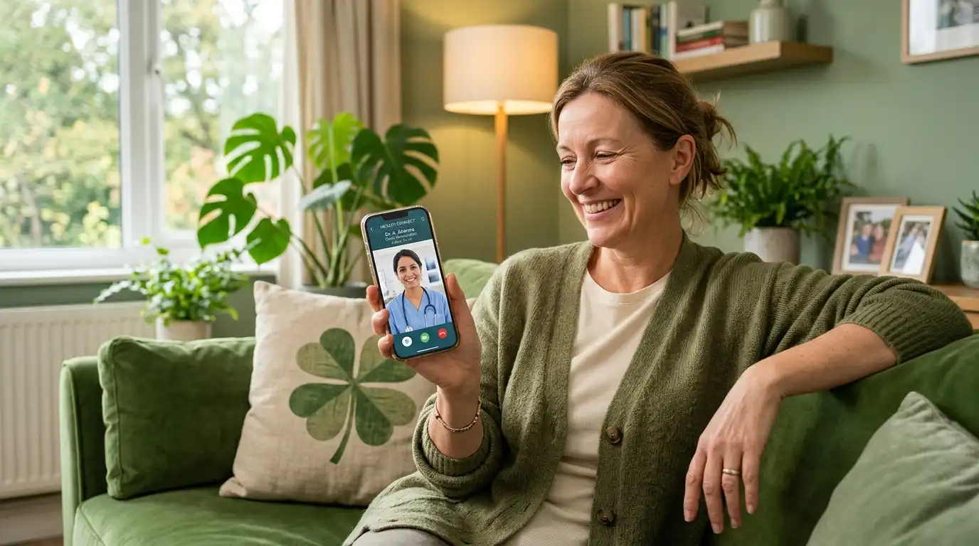 A smiling patient sitting on a green sofa having an online consultation via smartphone with her doctor, featuring a four-leaf clover cushion in the background