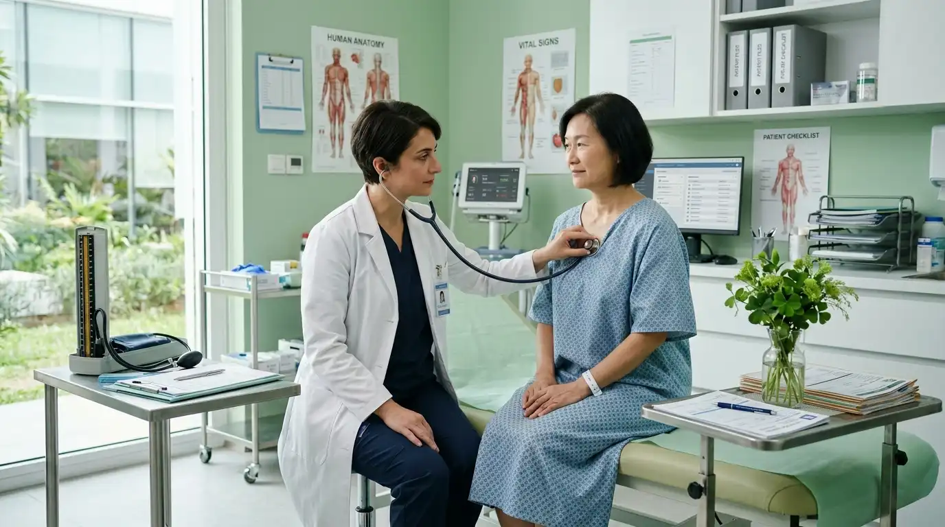 Female doctor in white coat using stethoscope to examine patient sitting on examination table in bright green-walled clinical room, human anatomy charts on walls and four-leaf clover plant in vase on the counter, patient checklist visible on screen