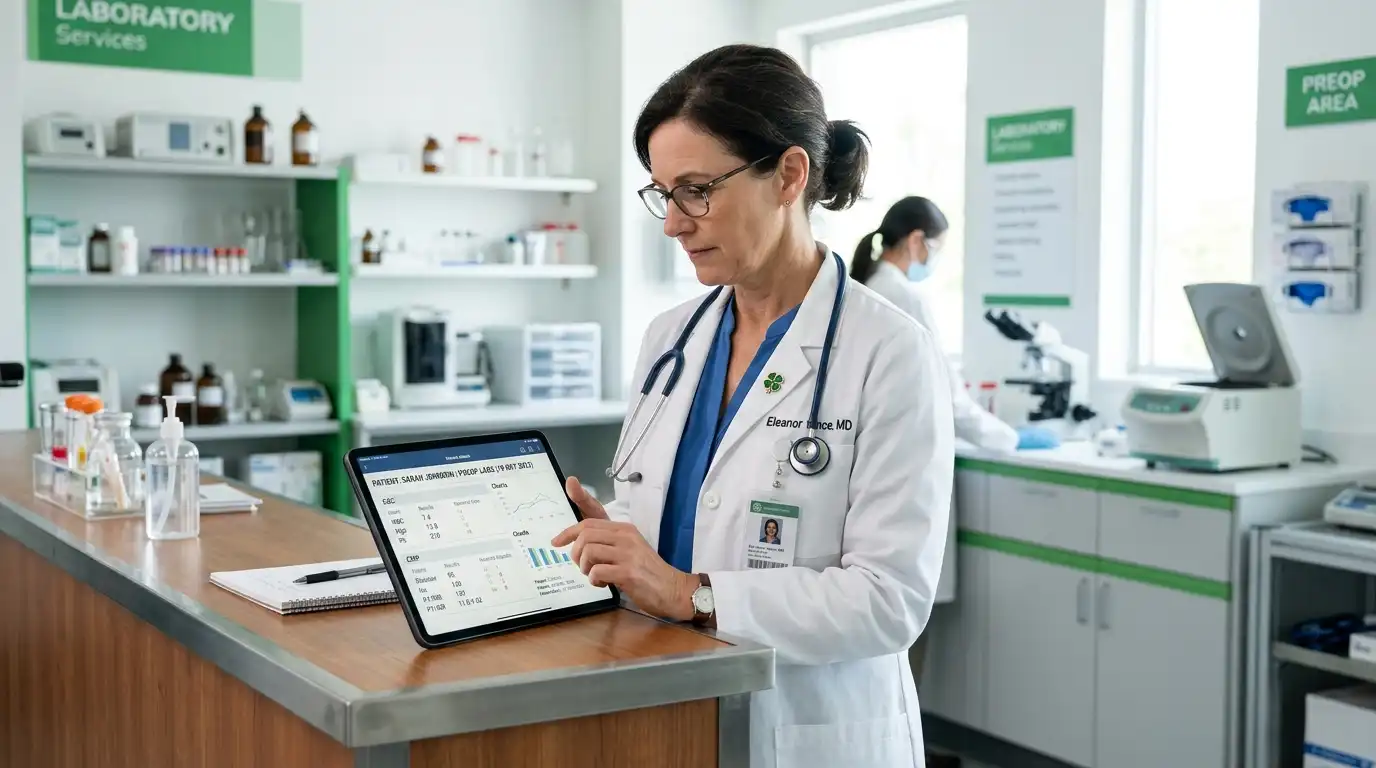 Medical professional checking preoperative bariatric test results on tablet with green aesthetic and four-leaf clover pin