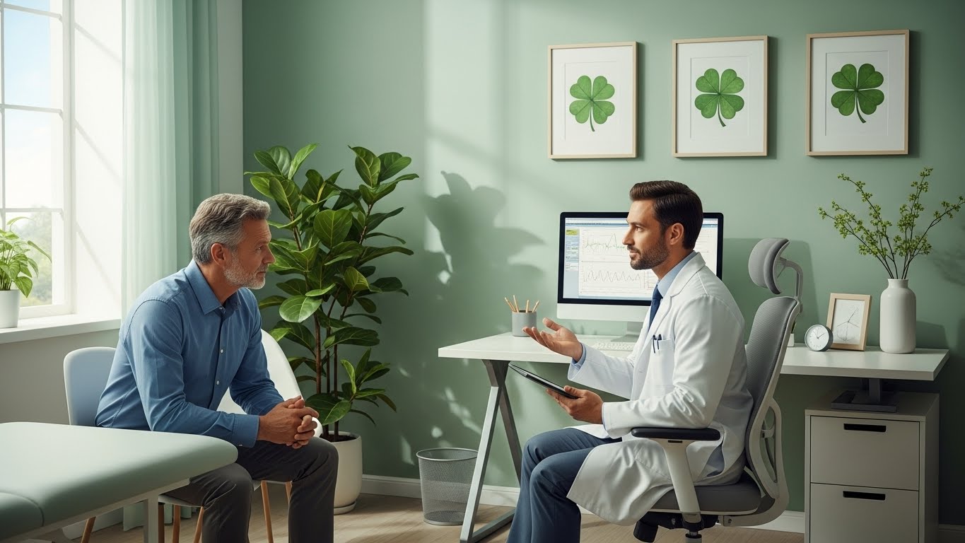 Men attending prostate cancer support group session in comfortable green chairs with four-leaf clover wall art and plants creating warm welcoming atmosphere