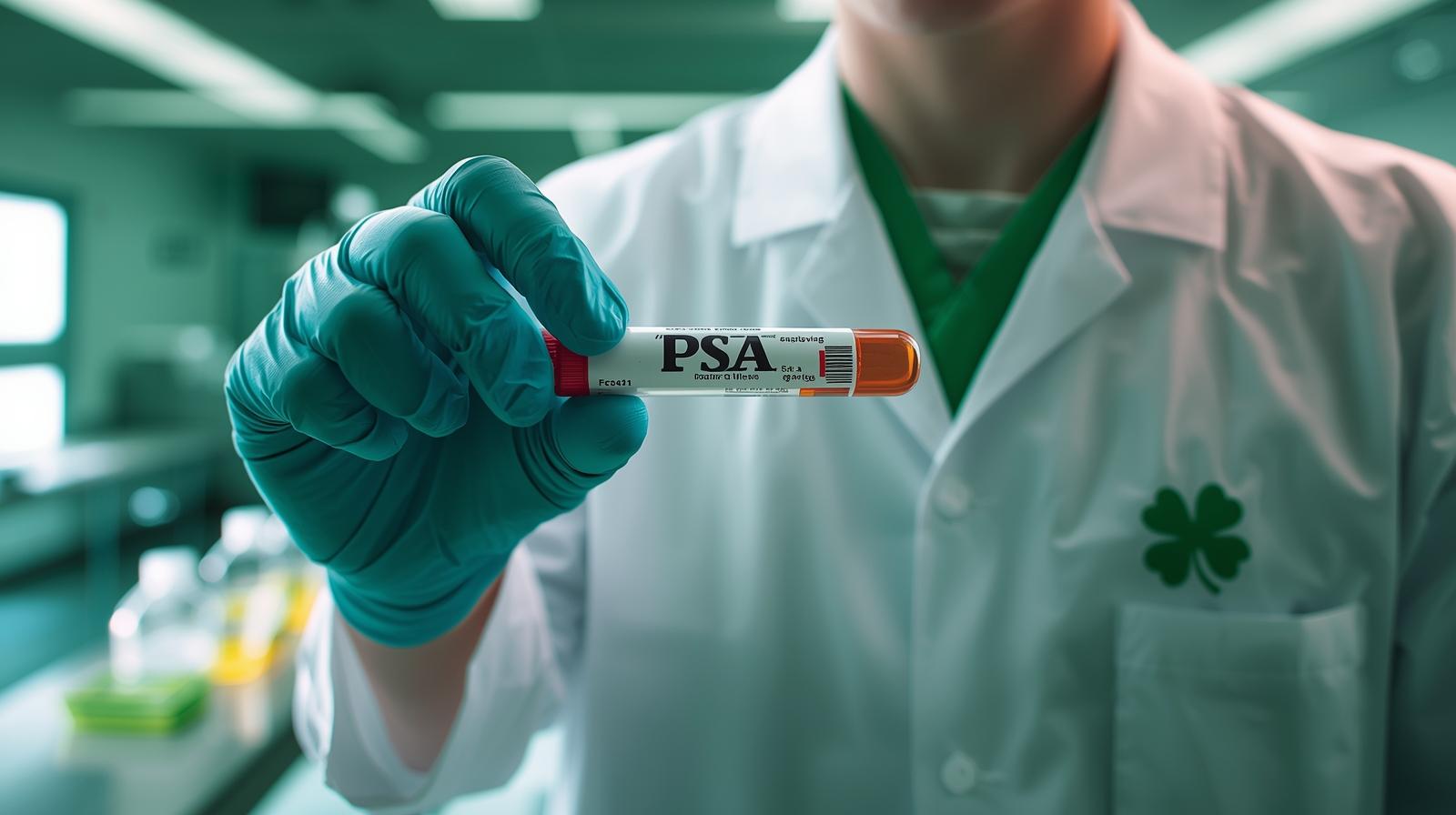 Medical professional in white lab coat holding PSA blood test tube in modern laboratory with green theme and four-leaf clover symbol on equipment