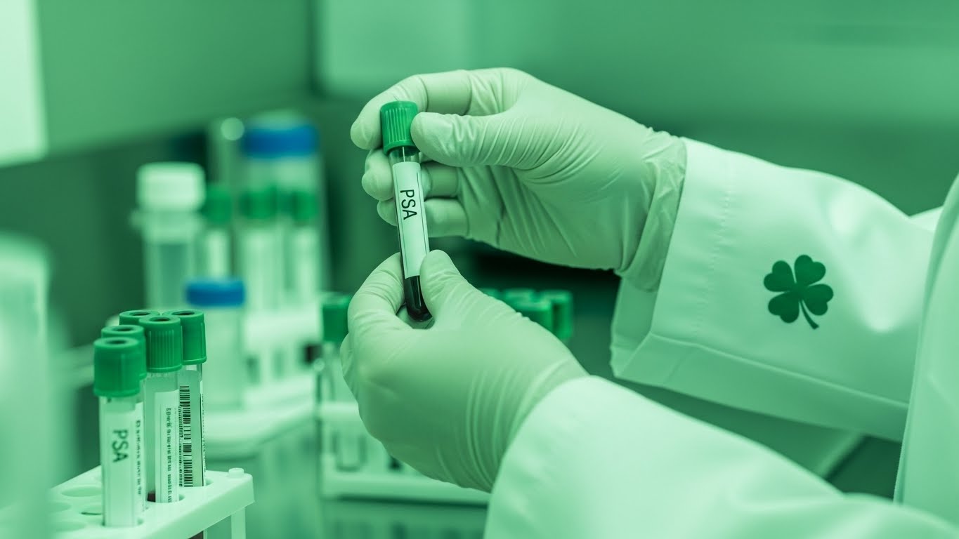 Medical professional holding PSA blood test tube in laboratory with green theme and four-leaf clover symbol