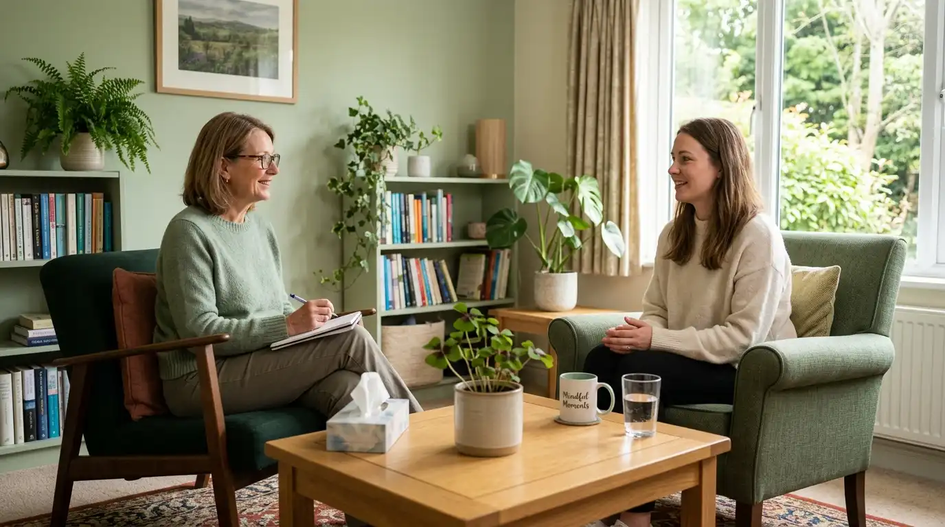 Patient speaking to therapist about psychological preparation for bariatric surgery in green themed room with four-leaf clover art