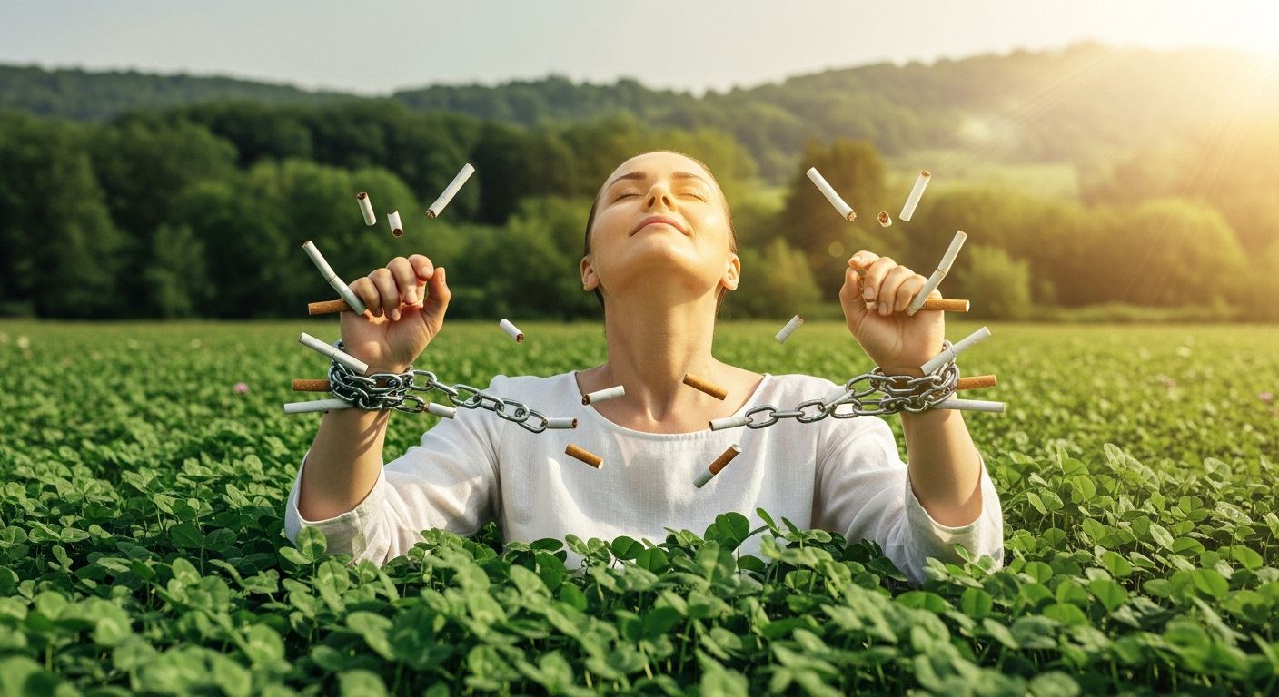 Person breaking free from smoking with four-leaf clovers symbolizing health recovery and wellness
