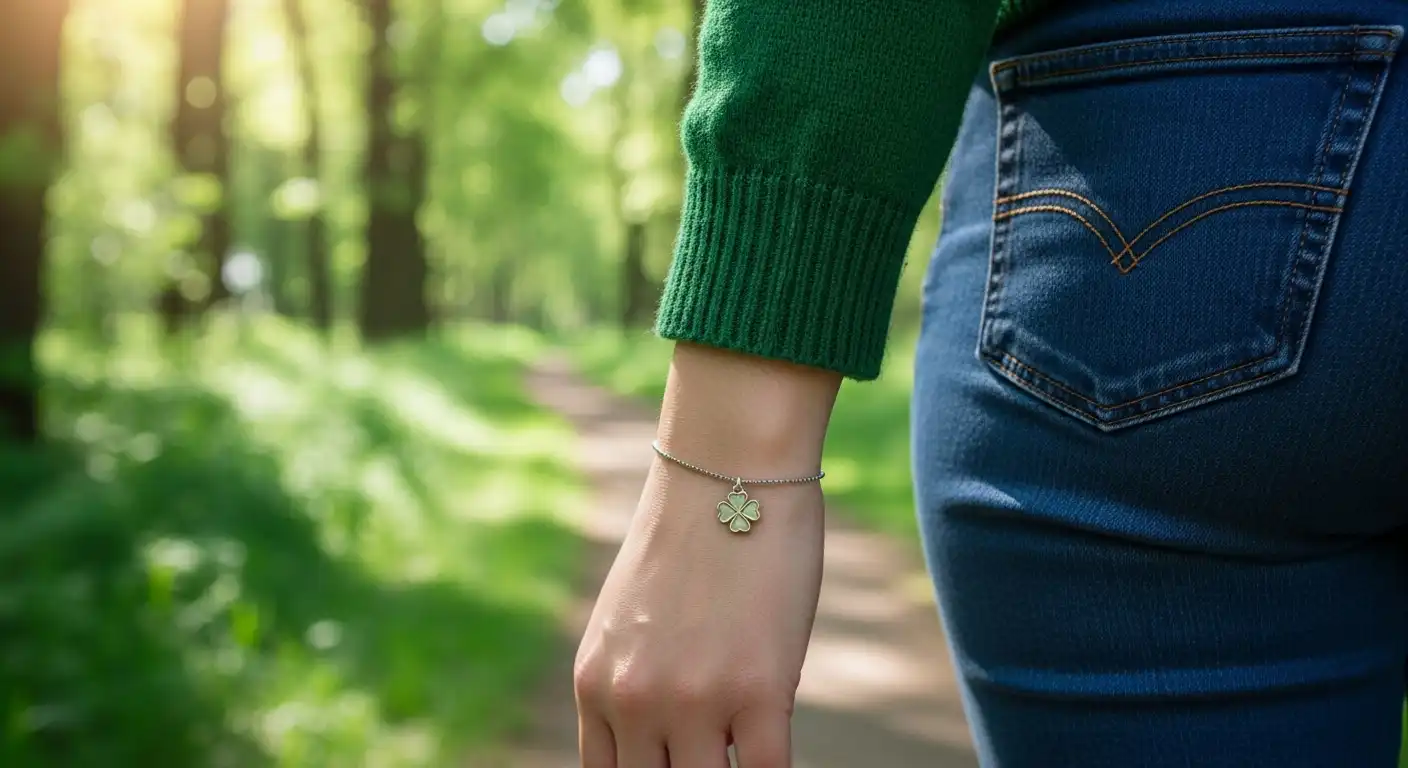 A close-up view of a person wearing a delicate four-leaf clover charm bracelet while walking along a sunlit forest path. The emerald green foliage and natural lighting emphasize a serene atmosphere for outdoor recovery and physical well-being.