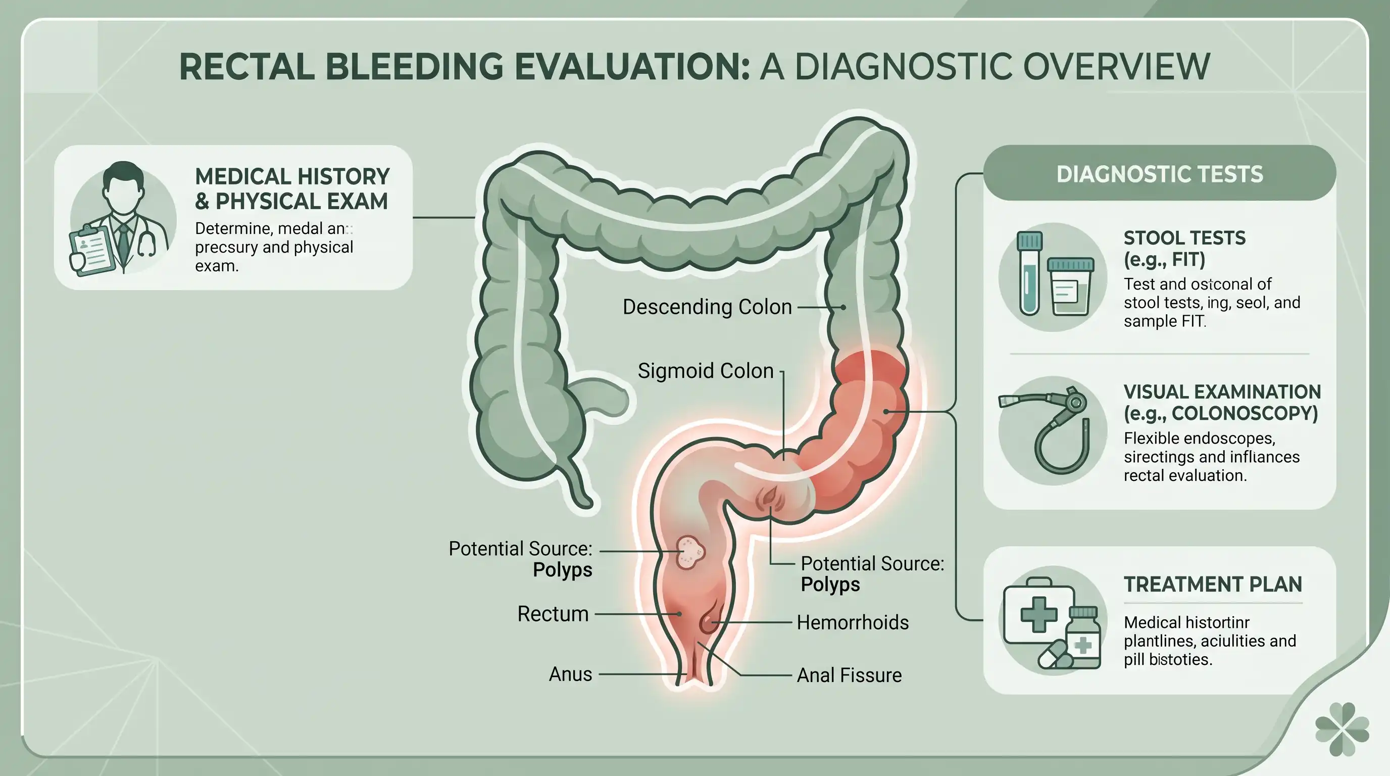 Diagnostic overview diagram of the colon showing potential sources of rectal bleeding, including polyps, hemorrhoids and anal fissure, in a green medical infographic with a four-leaf clover accent