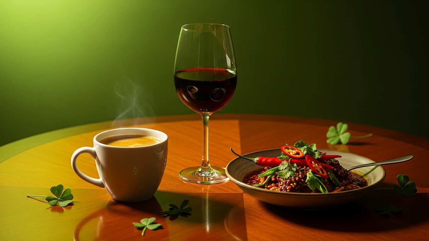 Coffee cup, red wine glass and spicy food plate on wooden table with green ambient lighting and four-leaf clover decorations representing common reflux triggers