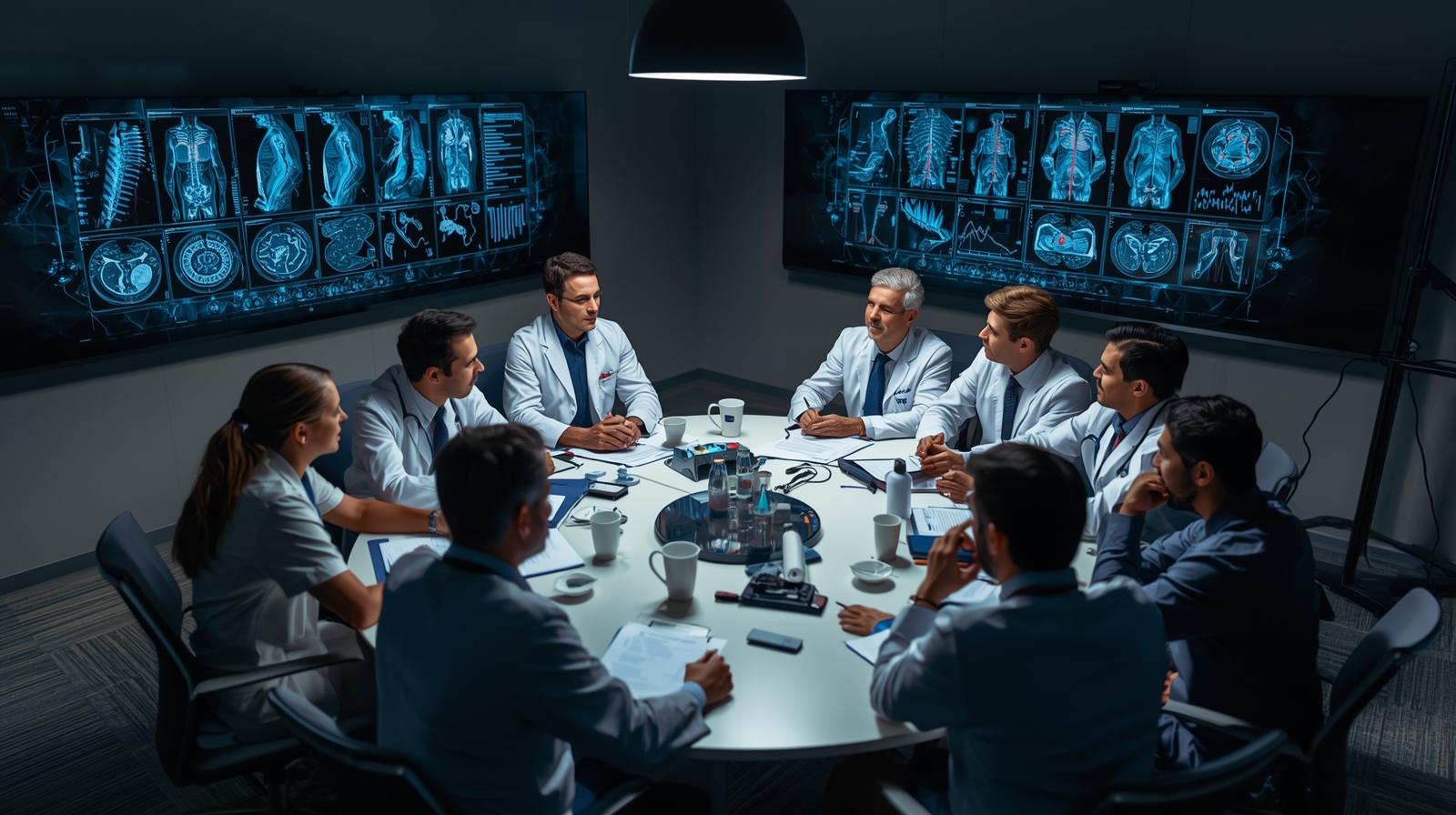 Round table discussion with medical experts reviewing charts and diagnostic images