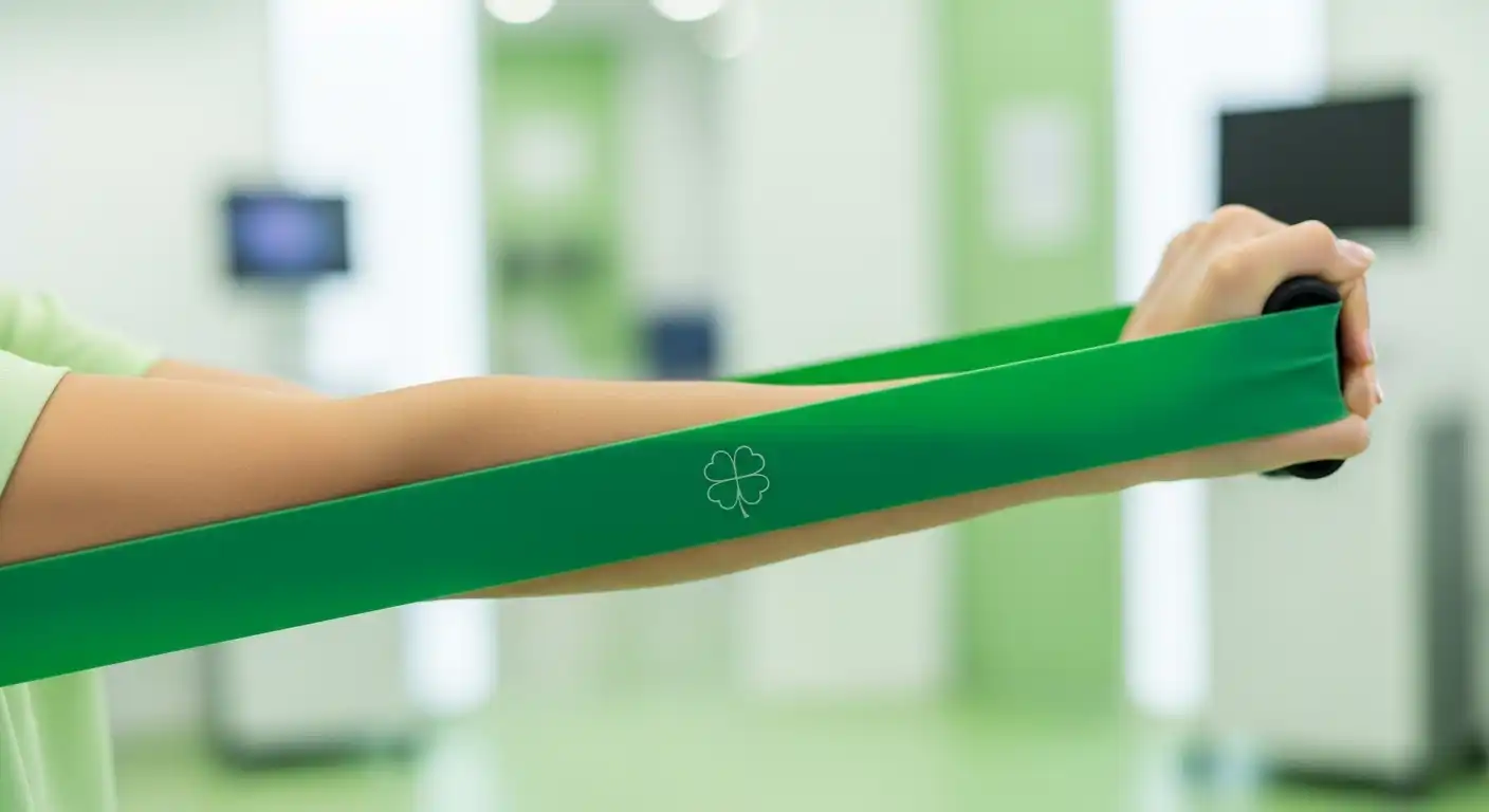 A patient using a green resistance band for light strength training in a clean medical setting. The band is branded with a white four-leaf clover symbol, highlighting a focused and professional wellness environment for post-cancer rehabilitation.